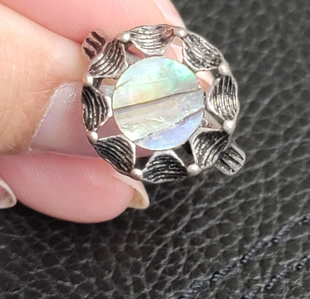 Irridescent Shell & Silvertone Ring, Antique Inspired - Size 7